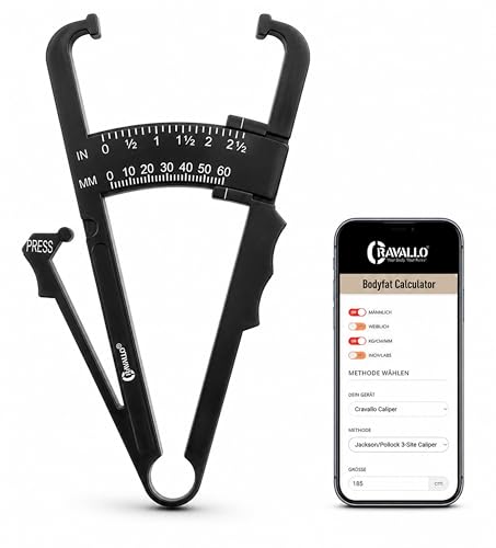 Cravallo Caliper I Körperfettmessgerät I Fettmesszange I Fettzange I Fettmesszange I KfA-Zange I Body Fat Measure I Unkompliziert und mit Video Anleitung I Körperfettmesser zum messen von Körperfett