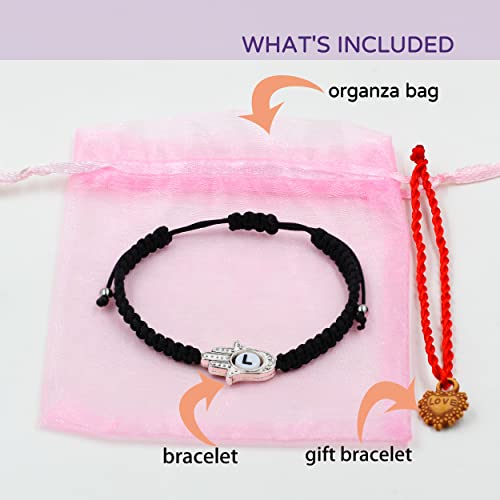 Image of Uloveido Customized A to Z 26 Letters Hand of Fatima Bracelet - Fatima Hamsa Hand Evil Eye Protection Bracelet Lucky Charm Adjustable Braided Black String