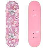 KMX Complete 27.5" x 7.75" Skateboard for Beginners, 7-Layer Northern Maple Double Kick Concave Deck| Alu Truck | Starter Skate Board for Girls, Kids, Teens Led Light up Wheel(Unicorn Cute)