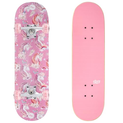 KMX Skateboard 27,5 x 7,75 Zoll 7L-Nord-Ahorn Double Kick Concave Deck|Profi Achsen|ABEC-9 Lager|54mm LED Rollen|Skate-Tool|für Kinder, Jungen, Mädchen, Anfänger(Rosa Einhorn)