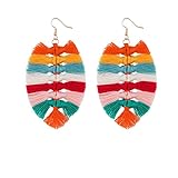 coadipress Bohemian Handmade Woven Leaves Tassel Earrings Boho Statement Ethnic Tassel Pendant Earrings Colorful Rainbow Tassel Earrings for Women Vintage Jewelry (Colorful Tassel)