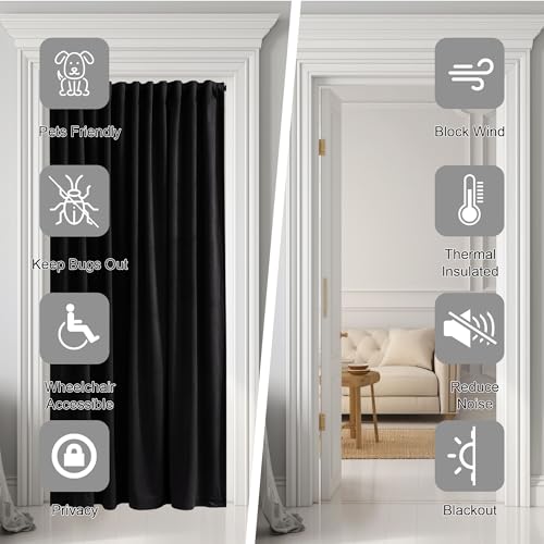 Image of Black Velvet Curtain for Sliding Door Covering Back Tab Blackout Thermal Insulated Doorway Curtain Luxury Home Decoration for Living Dining Room Bedroom Closet, W62 x L80, 1 Panel
