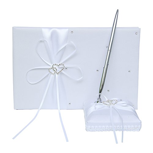 Arksu 4Pcs Wedding Sets Flower Girl Basket + Ring Bearer Pillow + Guest Book With Pen + Pen Set Holder For Rustic Bridal Wedding Shower Ceremony Anniversary-White #TOP4
