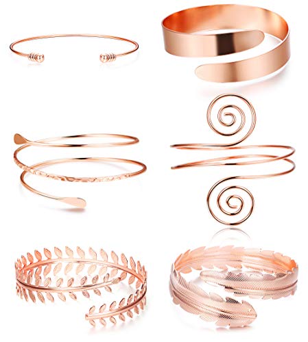 Besteel 6 Pieces Upper Arm Cuff Armband Bracelets Bangle for Women Coil Swirl Leaf Adjustable Arm Cuff Set