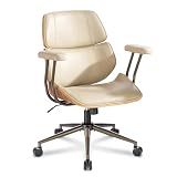 BERYTH Home Office Desk Chair, Mid Back Bentwood Chair with Removed Armrests, Modern Curved Walnut Wood Back and Seat, Ergonomic PU Leather Executive Swivel Rolling Chair for Home Office, Study(Beige)