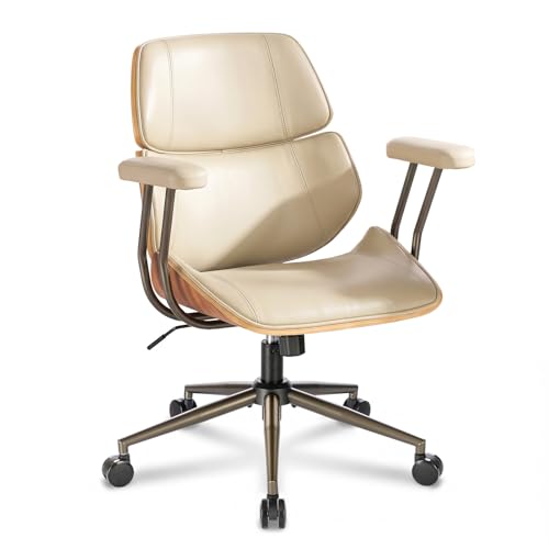 BERYTH Mid Century Walnut Bentwood PU Leather Office Chair with Arms, Beige