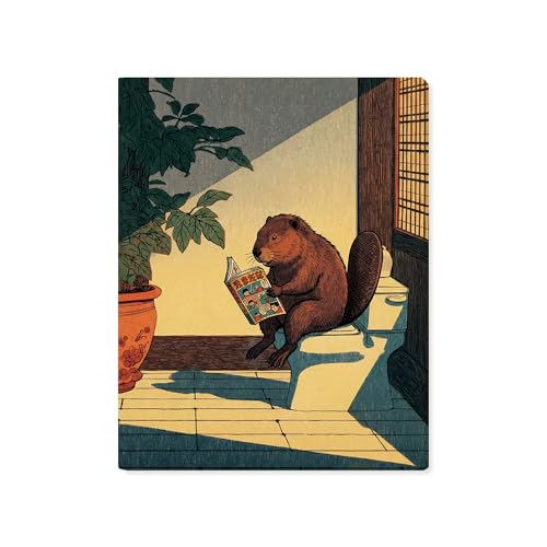 FTKBGHY Funny Beaver Bathroom Canvas Wall Art Framed, Vintage Japanese Beaver on Toilet Poster Prints Wall Decorations for Bathroom Washroom Restroom, 8x10 Inch