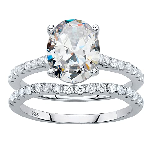 PalmBeach Platinum-Plated Sterling Silver Round Princess Oval or Marquise Cubic Zirconia Bridal Ring Set Size 7