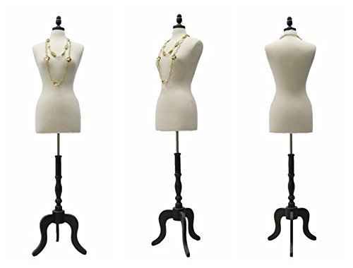 (Jf-F6/8W+Bs-Atq-Bk) Size 6-8 Premium White Female Fully Pinnable Mannequin Dress Form Antique Style Tripod Oakwood Base With Cap #TOP3