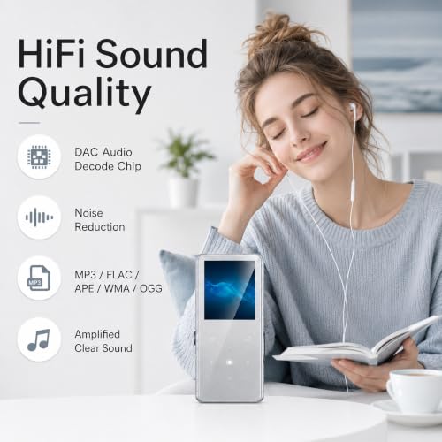 Image of 64GB MP3 Player with Bluetooth 5.2, AiMoonsa Music Player with Built-in HD Speaker, FM Radio, Voice Recorder, HiFi Sound, E-Book Function, Sliver