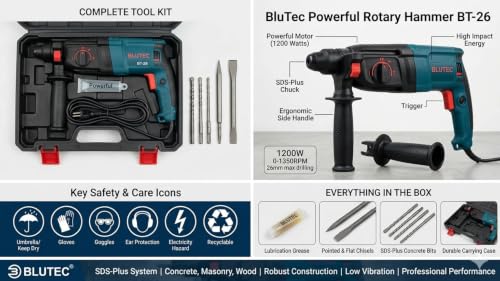 Image of 1200W Rotary Hammer Drill Machine | 20mm SDS Plus Electric Hammer Drill | 3 Mode Rotary Hammer with Drill Bits, Chisels & Carry Case | Concrete, Masonry, Wood & Metal
