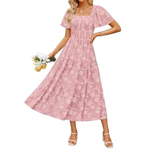 ZESICA Women‘s Summer Boho Floral Midi Dress 2026 Casual Short Sleeve Square Neck Flowy Beach Vacation Long Dress