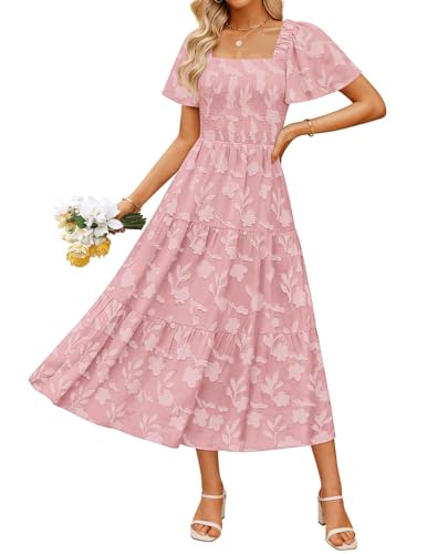 ZESICA Women's Summer Boho Floral Midi Dresses 2025 Casual Short Sleeve Square Neck Flowy Beach Vacation Long Dress,Pink,Medium