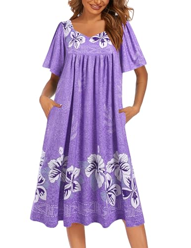 Image of Ekouaer Women's House Dress - Pleated Nightgown with Short Sleeves & Pockets