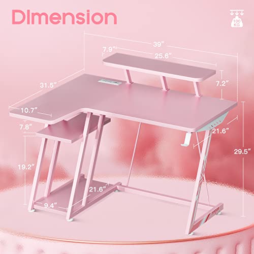 Motpk Gaming Desk With Power Outlet, L Shaped With Pc Shelf, Gaming Table Desk With Monitor Shelf, Gamer Desk With Carbon Fiber Texture, Desk Gaming Computer Desk, Piggy Pink, 39 Inch #TOP2