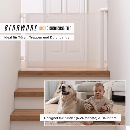 CSL - Schutzgitter Treppe Baby – Baby Schutzgitter für Treppen und Türen – bis zu 180 cm – Kindersicheres Absperrgitter – Treppenschutzgitter ausziehbar - Sicherheitsgitter Safety Gate