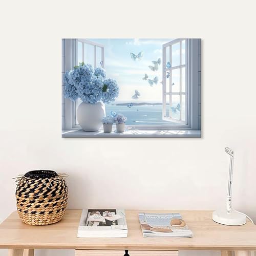 Open Window Canvas Wall Art Blue Hydrangea Floral Vase Butterfly Wall Decor Seascape Beach Fresh Aesthetic Painting Prints Still life Relaxing Spiritual Pleasant Inspiration Posters Pictures Framed by QUUOVIIX - Used condition - Image 4