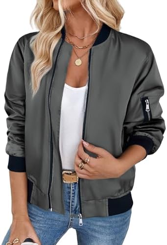 Zeagoo Bomberjack dames korte blouson jas casual pilotenjack lange mouwen outwear zip up solide lichte jas sweatjack, Donkerblauw, M
