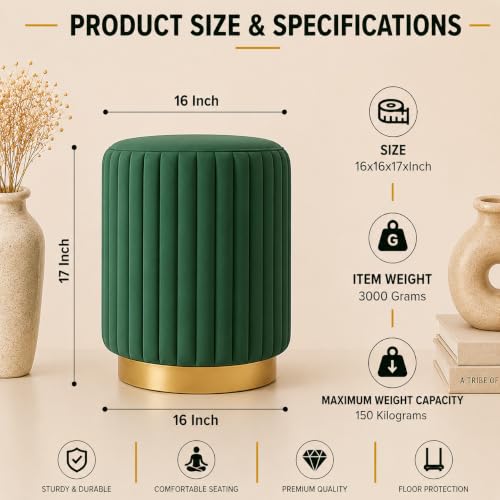 Image of ShadowKart Designer Velvet Round Footstool Ottoman with Sturdy Gold Metal Band Base for Home Decor & Extra Seating, Lightweight Pouf Stool for Sofa Side & Bedroom, 16x16x17 Inch (Green)