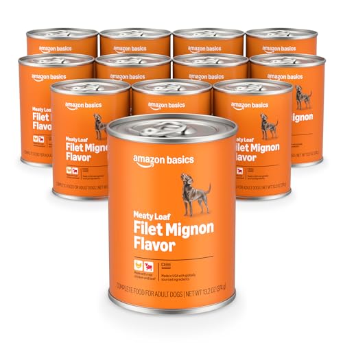 Image of Amazon Basics Wet Dog Food, Meaty Loaf, Filet Mignon Flavor, Made with Real Chicken and Beef, 13.2 oz can (Pack of 12)