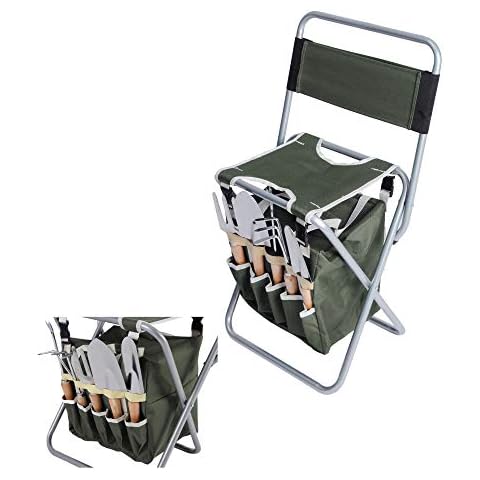 Dporticus 9 Piece Garden Tools Set Heavy Duty Folding Hand Tools Kit w/Detachable Storage Tote Bag and Collapsible Stool Seat with Backrest,Great Gift for Gardeners Cover