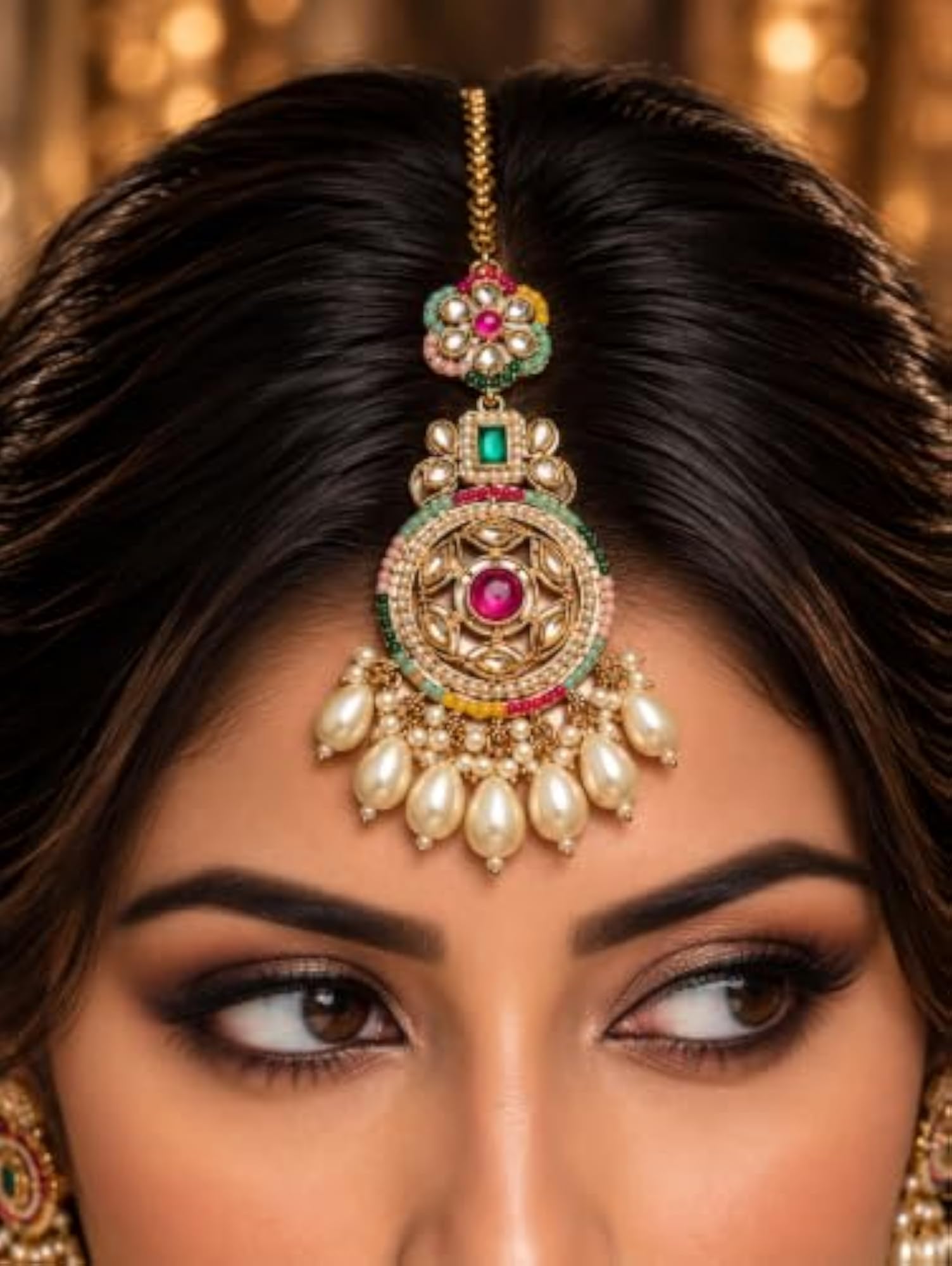 Multicolor Kundan Floral Pearl Maang Tikka