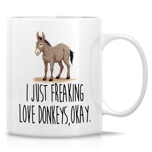 Retreez Funny Donkey Lover Mug - I Just Freaking Love Donkeys, Okay - 11 Oz Ceramic Coffee Cup - Hilarious Gift for Donkey Enthusiasts - Birthdays, Holidays Gift for Friends, Coworkers, Father, Mother