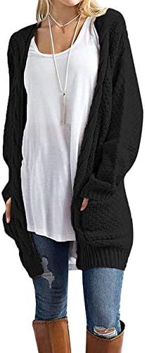 GRECERELLE Women's Loose Open Front Long Sleeve Solid Color Knit Cardigans Sweater Blouses with Packets Black-Medium