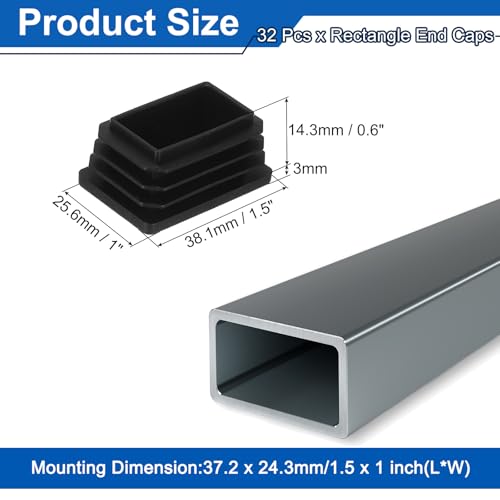 Image of uxcell 32 Pcs Rectangle Tubing End Caps 1 1 /2 x 1 Inch Plastic Hole Plugs Insert End Cap for Metal Tubing Post Chair Leg Table Bookshelves Furniture, Black