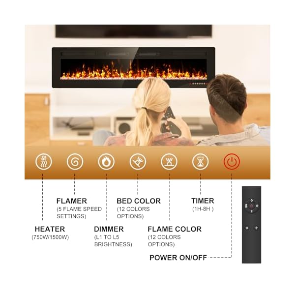 72 inch Electric Fireplace Inserts and Wall Mounted with Remote Control & Touch Screen 1500W Fireplace Heater with Timer - Image 3