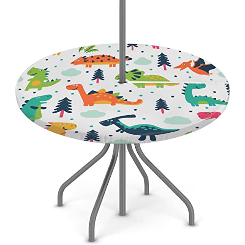 Yzrwebo Cartoon Dinosaur Round Fitted Outdoor Tablecloth With Umbrella Hole And Zipper Dinosaur Print Elastic Edged Table Cover Waterproof Stain Resistant Fits Tables Up To 45"-56" Diameter For Patio #TOP16