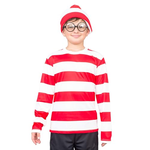 Disfraz completo de Where's Waldo con camisa, gorro y gafas