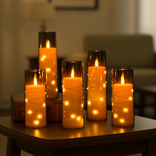 Image of Amazon Basics LED Flameless Candles with String Light Effect Set of 5 (2 Pcs of 5.5x14 cm , 5.5x16, 5.5x18cm, 5.5x20 CM), Grey Acrylic material, Ivory Pillars, Steady Warm Light, Remote & Timer, Battery Operated Indoor Decor
