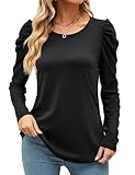 Ivicoer Long Puff Sleeve Work Tops Fall Loose Crewneck T-Shirts Dressy Casual Cotton Tunic Blouses for Women Black M