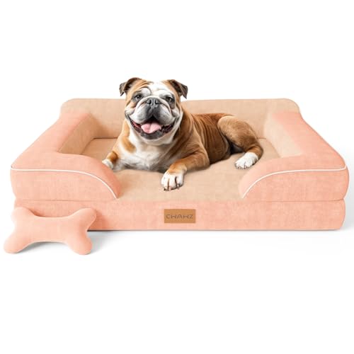 Image of CWAWZ Dog Beds for Large Dogs, Orthopedic Dog Bed with Cooling Gel Memory Foam, Waterproof Large Pet Bed with Removable Washable Cover, 36 inch Pet Sofa Couch Dutch Velvet with Bone Toy, Peach Pink