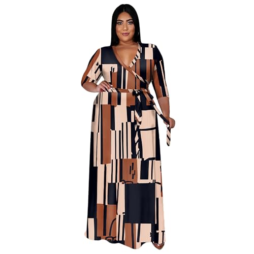 Image of Runwind Plus Size Dresses for Women Floral Maxi Dress Flowy 3 /4 Sleeve with Belt