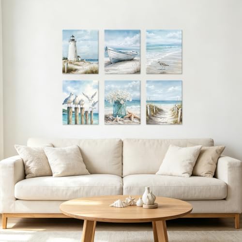 Image of CHDITB Coastal Beach Framed Canvas Wall Art, Summer Ocean Seaside Decor