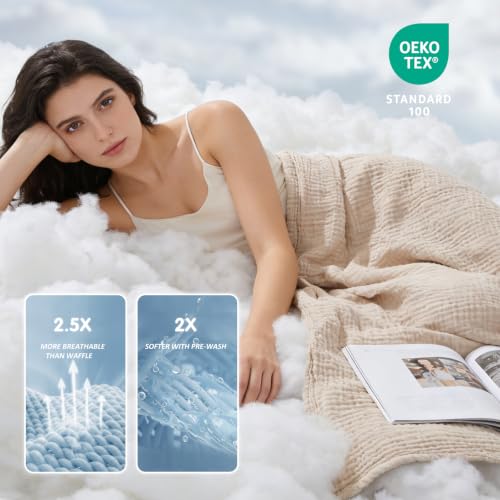 Image of EMME Cotton Muslin Throw Blanket Couch Breathable Gauze Soft Lightweight Bed Blankets Adults (Heather Beige, 50 inchx60 inch)