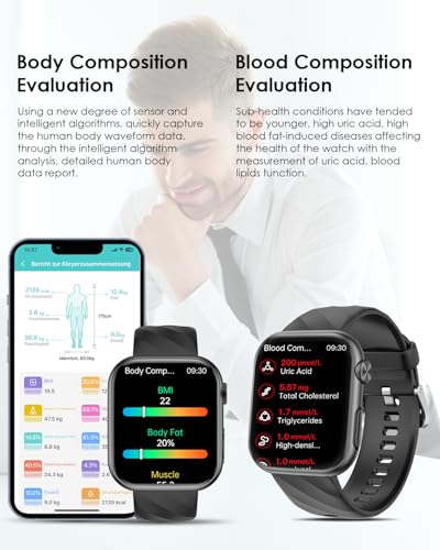 2025 Smartwatch EKG+HRV/ΒΙυtzυcker/BMI/Harnsäure/Herren Damen, 1.97'' AMOLED Gesundheitsuhr mit Telefonfunktion, SOS-Notruf, 24H Herzfrequenz/SPO2/Blutdruck Schlafmonitor Fitnessuhr für Android iOS – Bild 4