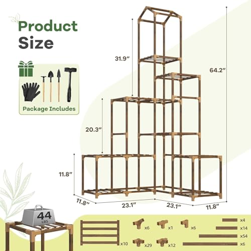 Image of Snazzy 64.2 inch H Plant Stand Indoor Outdoor Tall Plant Shelf for 13-19 Pots Corner Tiered Plant Stands for Multiple Plants Wood Hanging Plants Holder for Garden Balcony Patio Window Porch