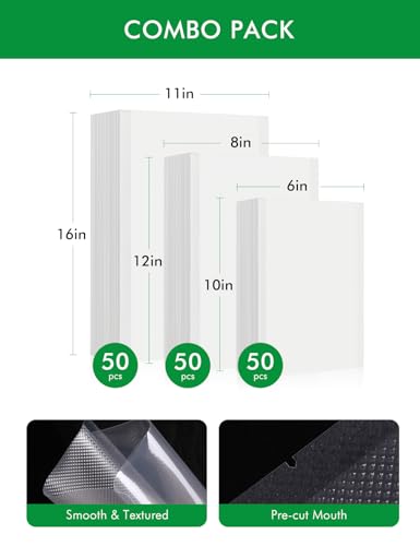 Image of Vacuum Sealer Bags, 11 inchx16 inch Gallon, 8 inchx12 inch Quart, 6 inchx10 inch Pint, 150Pcs | Commercial Grade, BPA Free, Sous Vide Compatible, Puncture Prevention, Kitchen Essentials