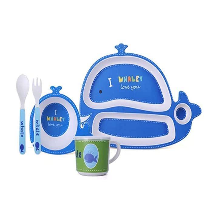 5 Piece Mealtime Bamboo Dinnerware for Kids-Toddler,Set of Plate-Bowl Cup and Spoon-Baby Feeding Utensils for Kids, Eco Friendly and Dishwasher Safe, Great Gift for Birthday (Whale Big)-image-19