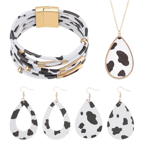 UNICRAFTALE Ensemble De Bijoux En Cuir PU Léopard Noir Et Blanc Boucles D'Oreilles Pendentif Larmes Colliers Dorés Bracelets Multicouches Set De Bijoux...