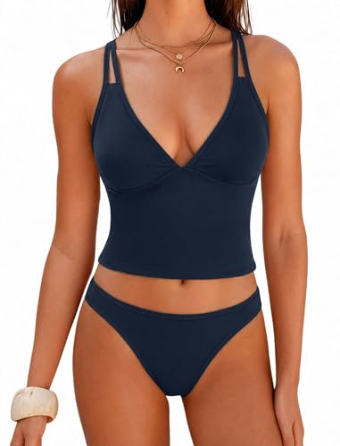 Image of ZAFUL Tankini Swimsuits for Women V Neck Dual Straps Cropped Bikini Swimsuit High Cut 2 Pieces Bathing Suit