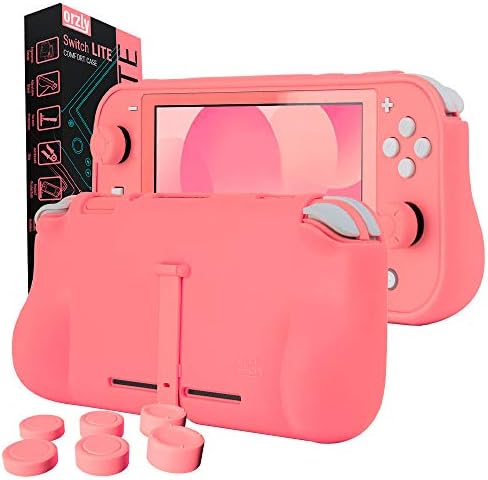Orzly Grip Case Compatible for use with Nintendo Switch Lite โ Case with Comfort Padded Hand Grips, Kickstand, & Pack of Thumb Grips - Coral