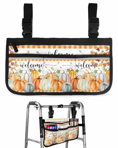 Anzona Fall Pumpkin Wheelchair Side Bag Walker Bag, Autumn Maple Leaf Orange Plaid Wheelchair Accessories Armrest Pouch, Organizer Storage Bag for Walkers, Rollators, Scooters, 7.3''x13''