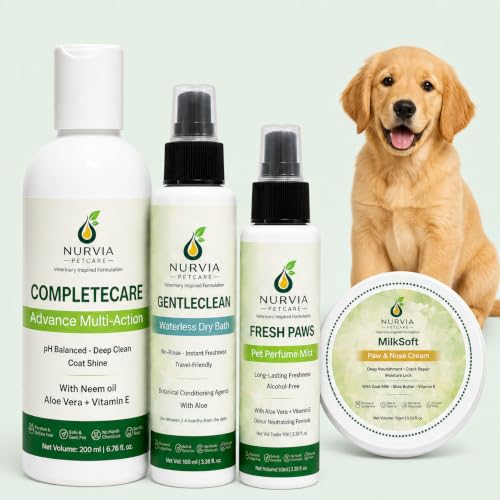 Image of Daily Dog Grooming Kit by Nurvia Petcare | 5-in-1 Shampoo + Waterless Dry Bath + Perfume Mist + Paw Balm | Neem Oatmeal Aloe Vera Goat Milk | Sulphate-Free pH Balanced | 4-in-1