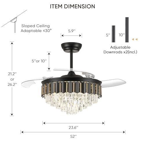Image of 52'' Crystal Fandelier Ceiling Fan with Light, Black