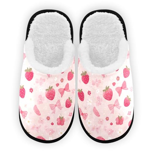 Cartoon Pink Flowered Strawberries Slippers For Women Men Soft Memory Foam Non-Slip Fruit Winter Indoor House Shoes Travel Slipper