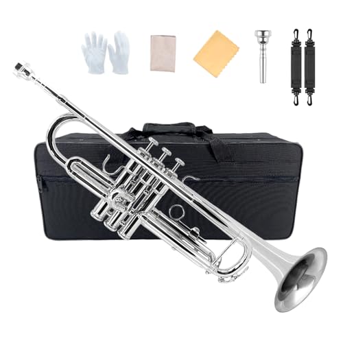 Yinfente Juego de trompeta estándar Bb para principiantes o avanzados, instrumento de trompeta de latón para estudiantes con estuche duro, boquilla 7C, kit de limpieza, guantes blancos plateados